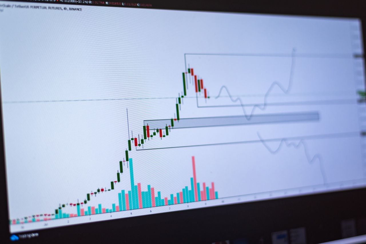 Home Detailed view of a cryptocurrency trading chart on a computer screen, showing market trends and price movements.